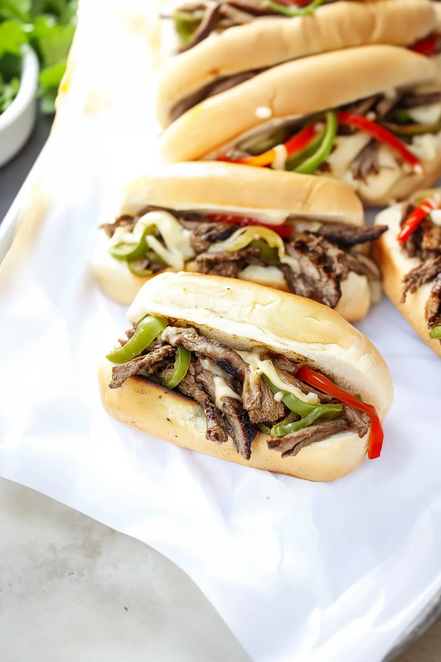 Juicy steak, onions, and peppers wrapped in a soft hoagie bun.