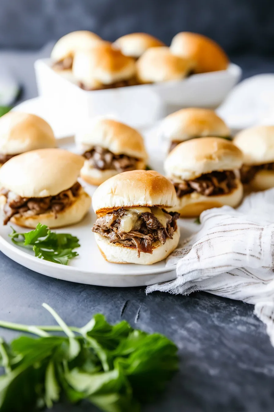 Mini sandwiches filled with sizzling beef, peppers, and onions, ready to serve.