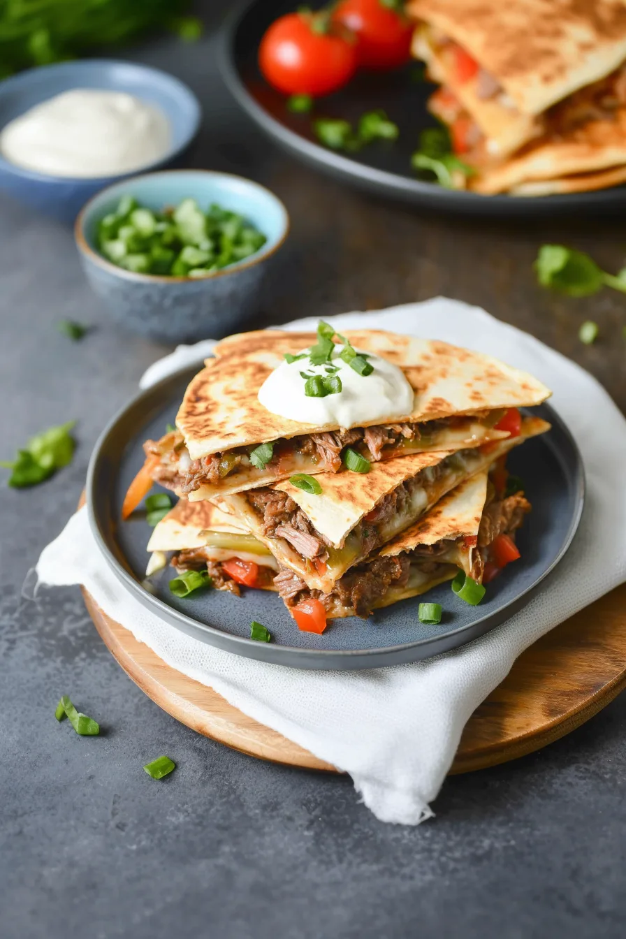 Golden brown quesadilla slices filled with melted cheese and steak