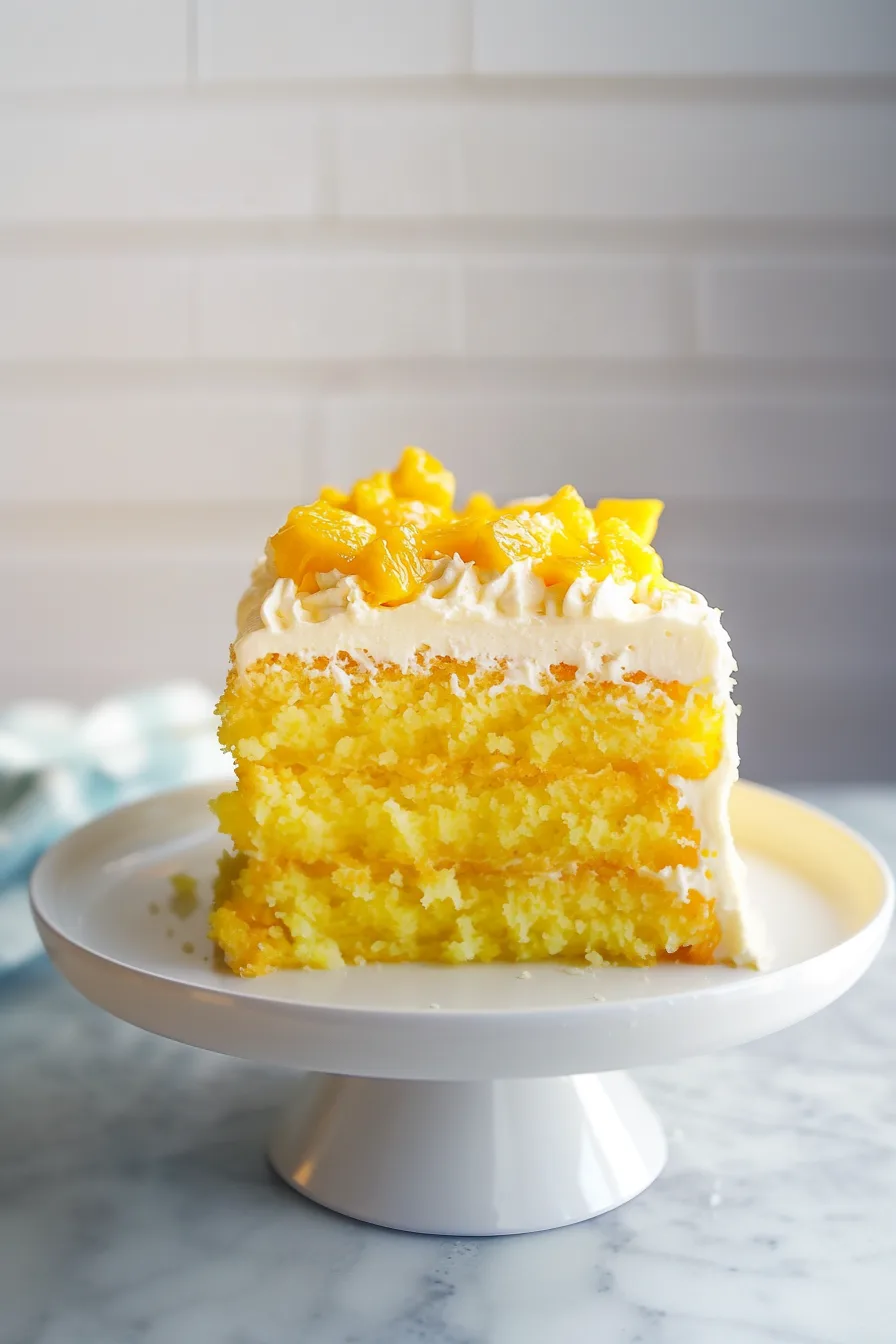 A moist yellow cake slice showing soft texture and airy crumb.