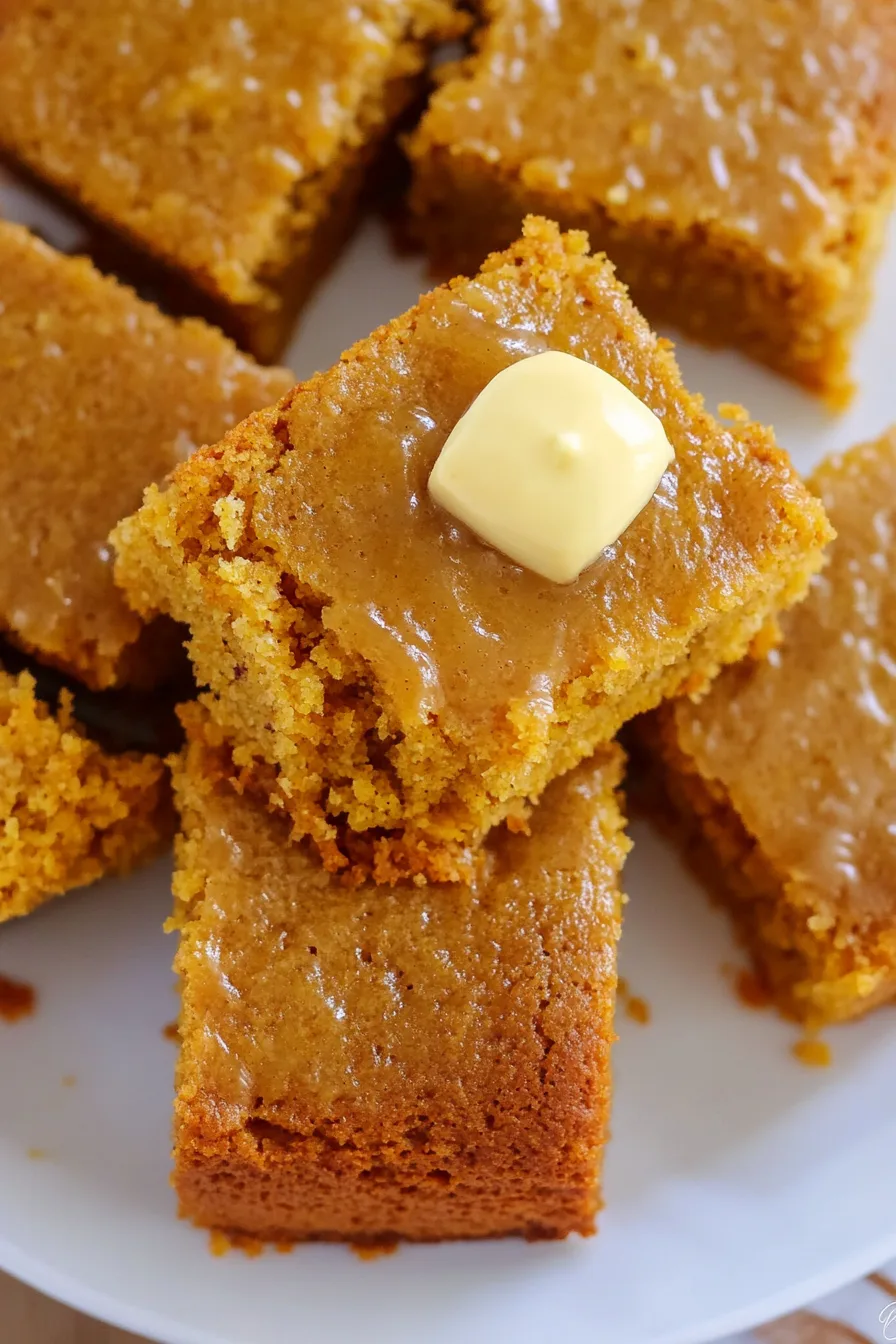 Overhead view of moist, fluffy bread served with a pat of melting butter.