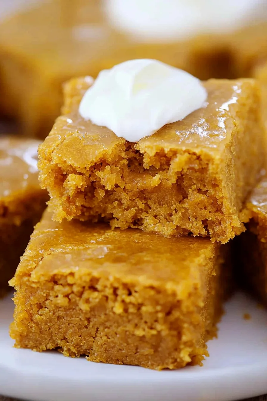 A golden square of cornbread on a white plate with a drizzle of honey.