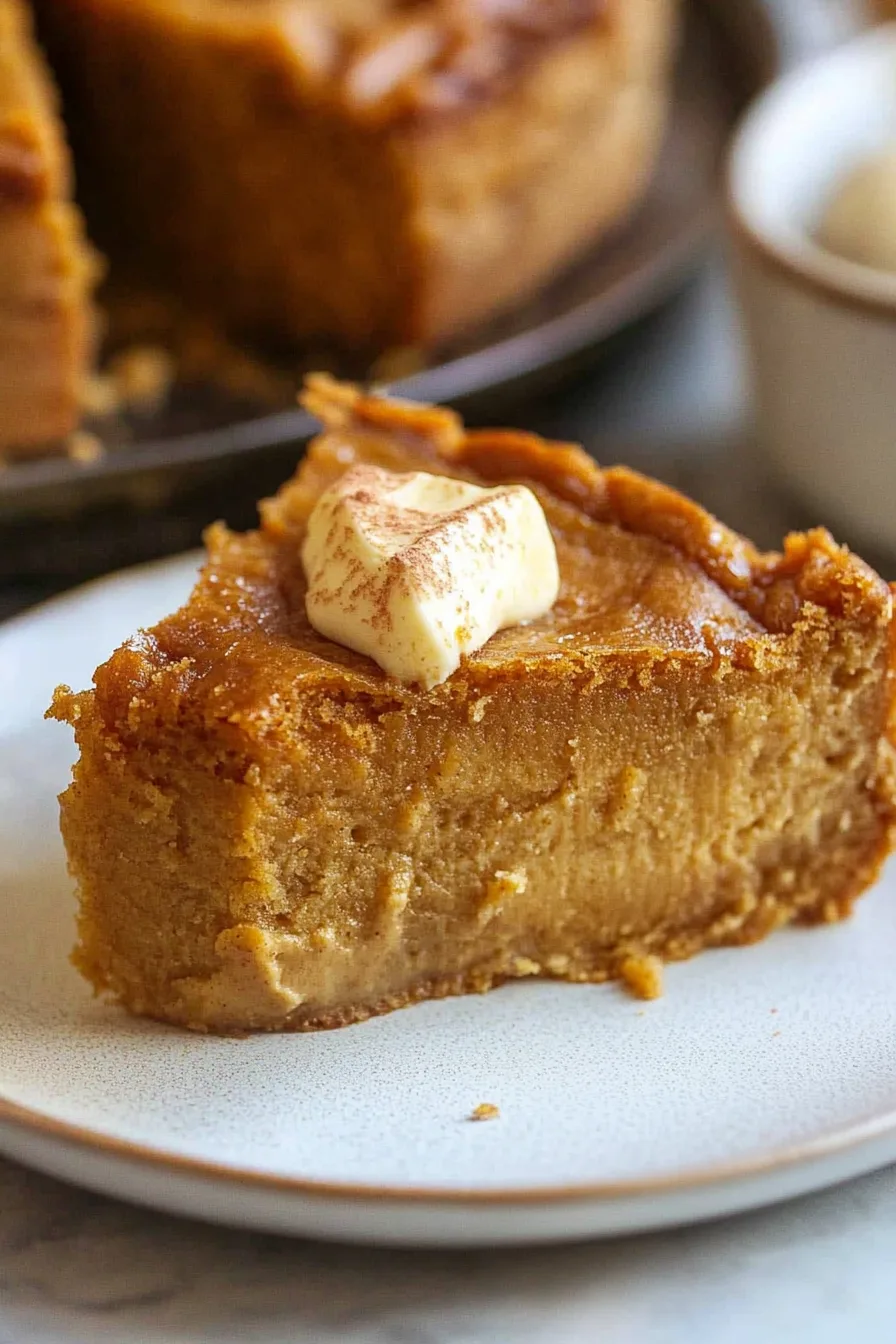 Close-up of a moist pumpkin dessert with a creamy, buttery topping
