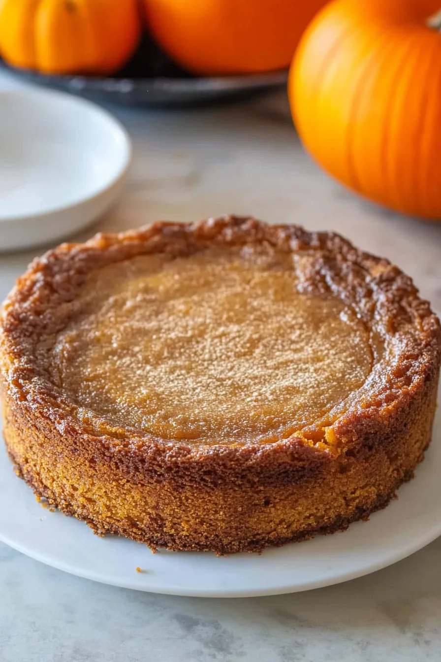 Golden, gooey butter cake topped with a dusting of powdered sugar on a white plate