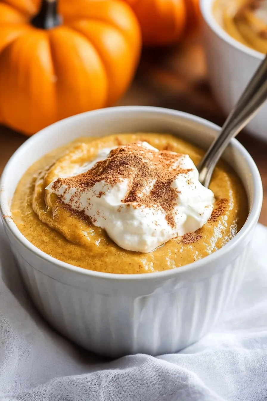 Spoon dipped into a smooth, custard-like dessert on a rustic table.