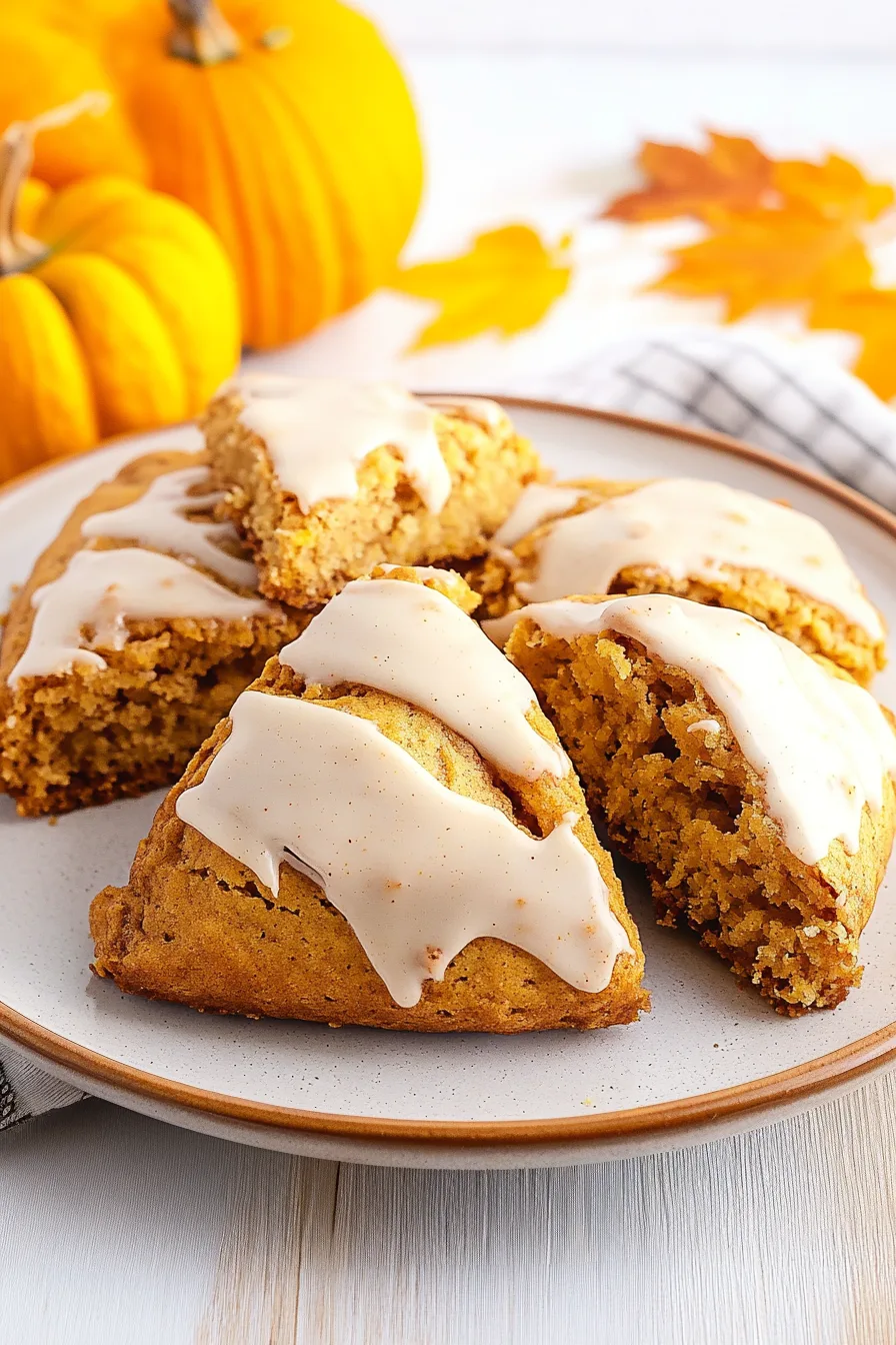 Freshly baked scones with a golden crust, drizzled with icing.