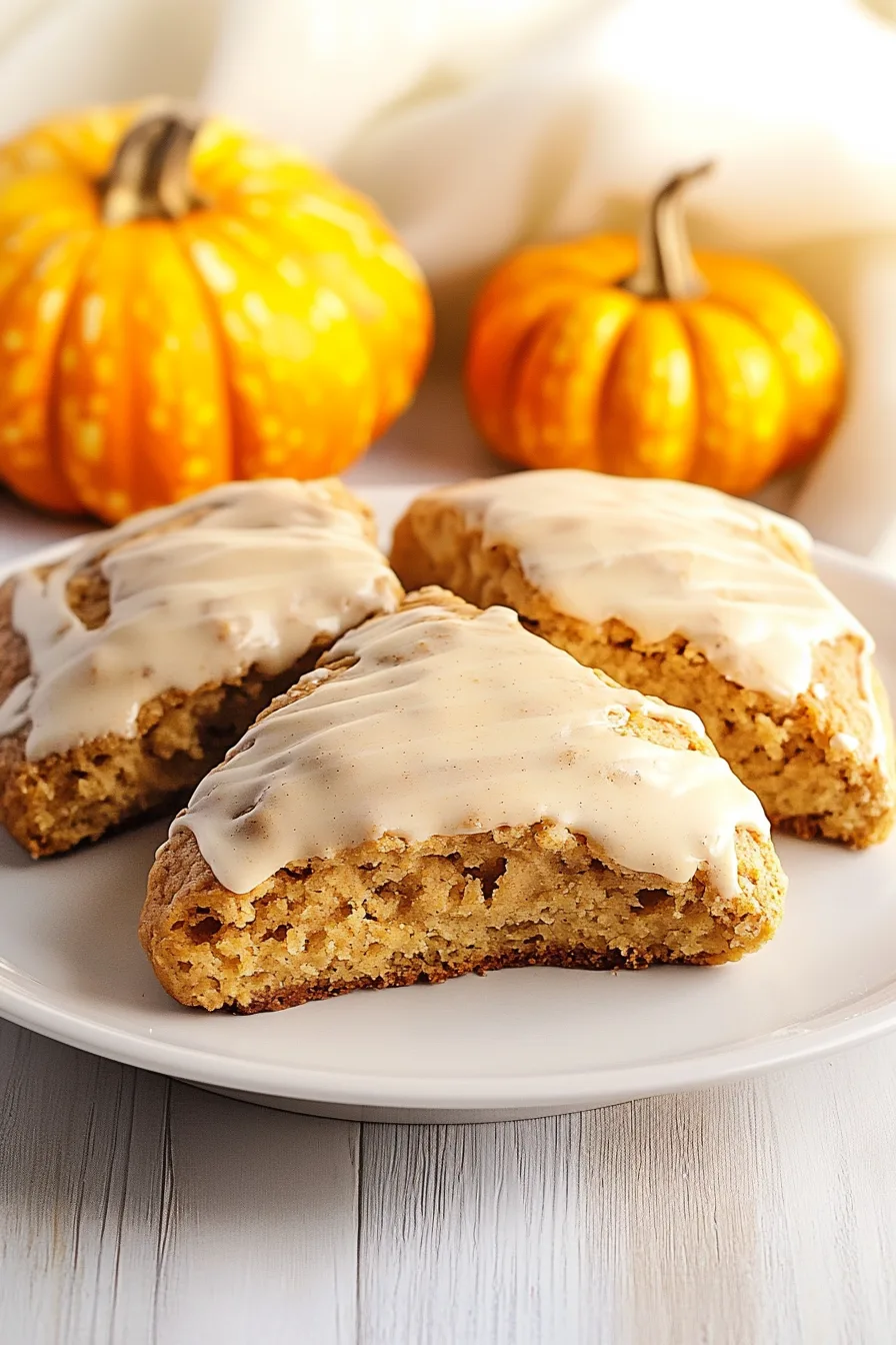 Golden brown scones drizzled with sweet glaze on a serving plate.