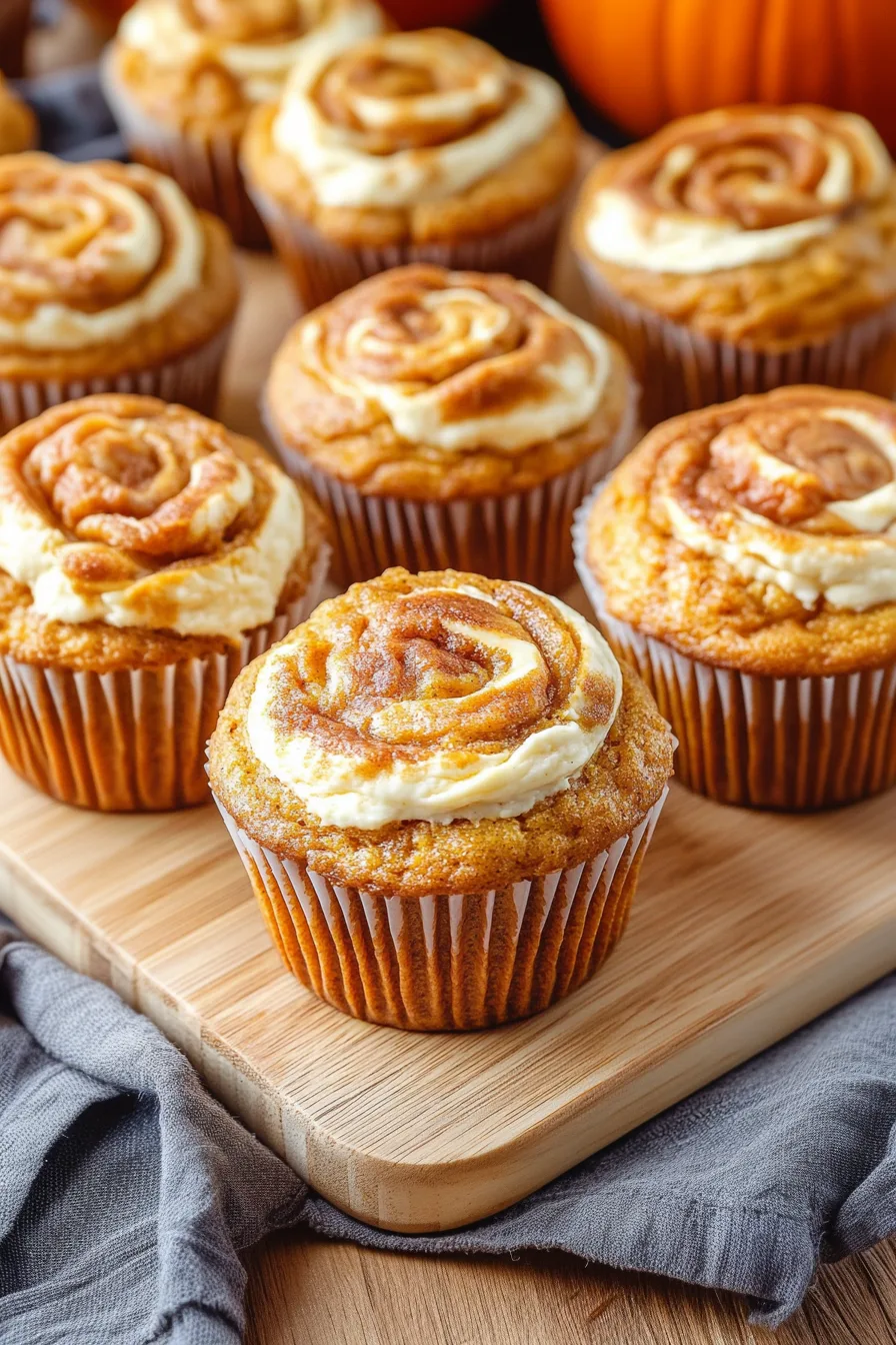 Pumpkin swirl muffins arranged neatly on a rustic wooden board