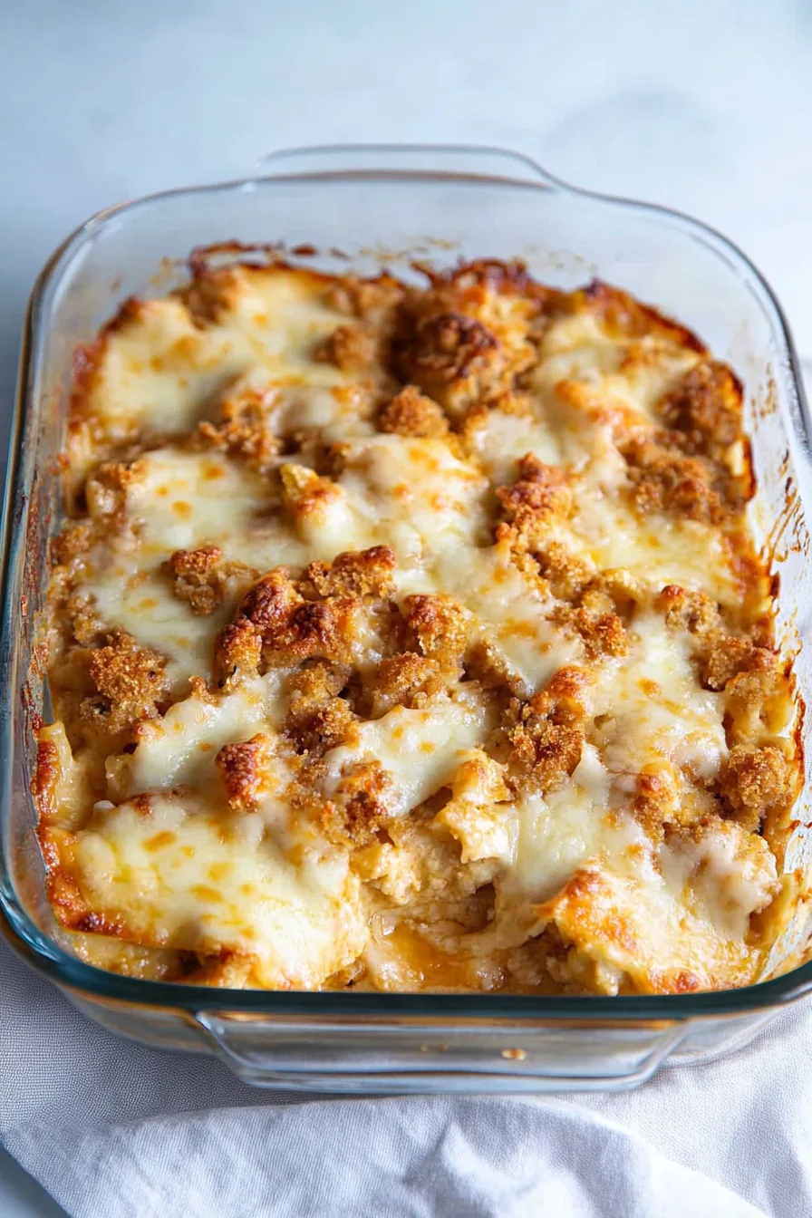 Fresh from the oven casserole with browned cheese and colorful toppings.