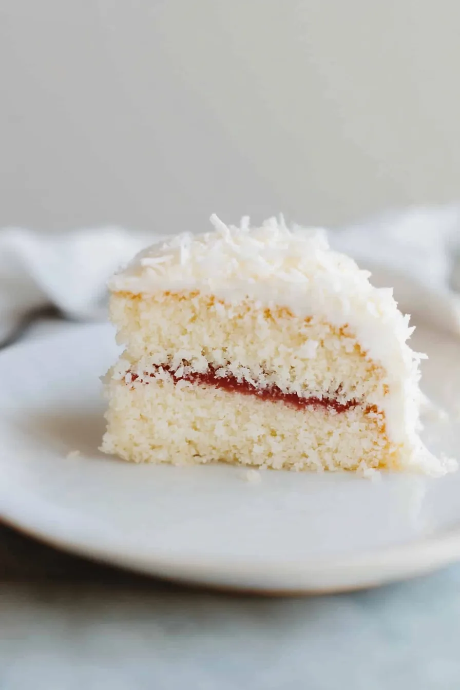 A frosted layer cake topped with shredded coconut and fresh raspberries.