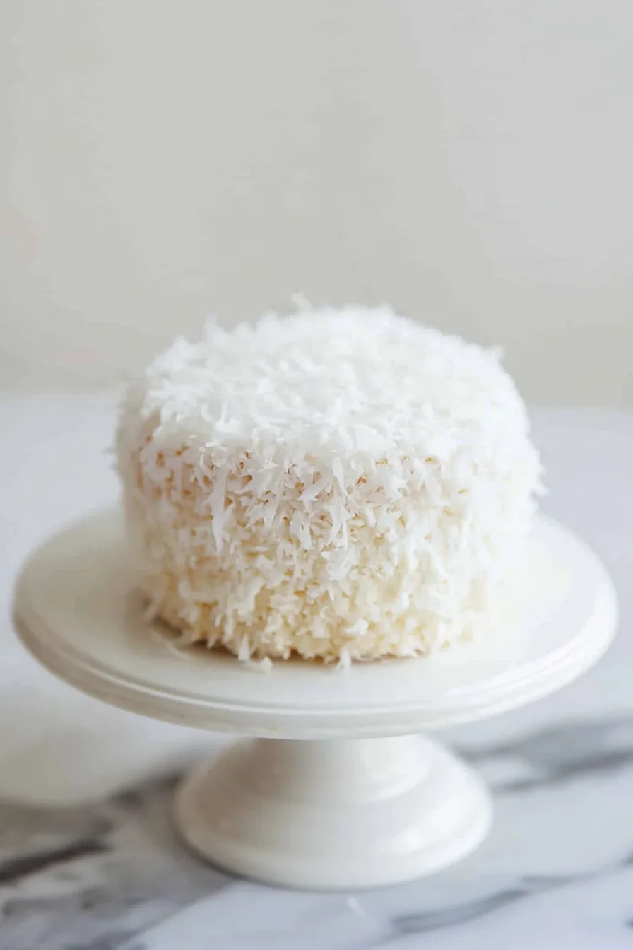 A whole cake on a white stand with berries scattered around.