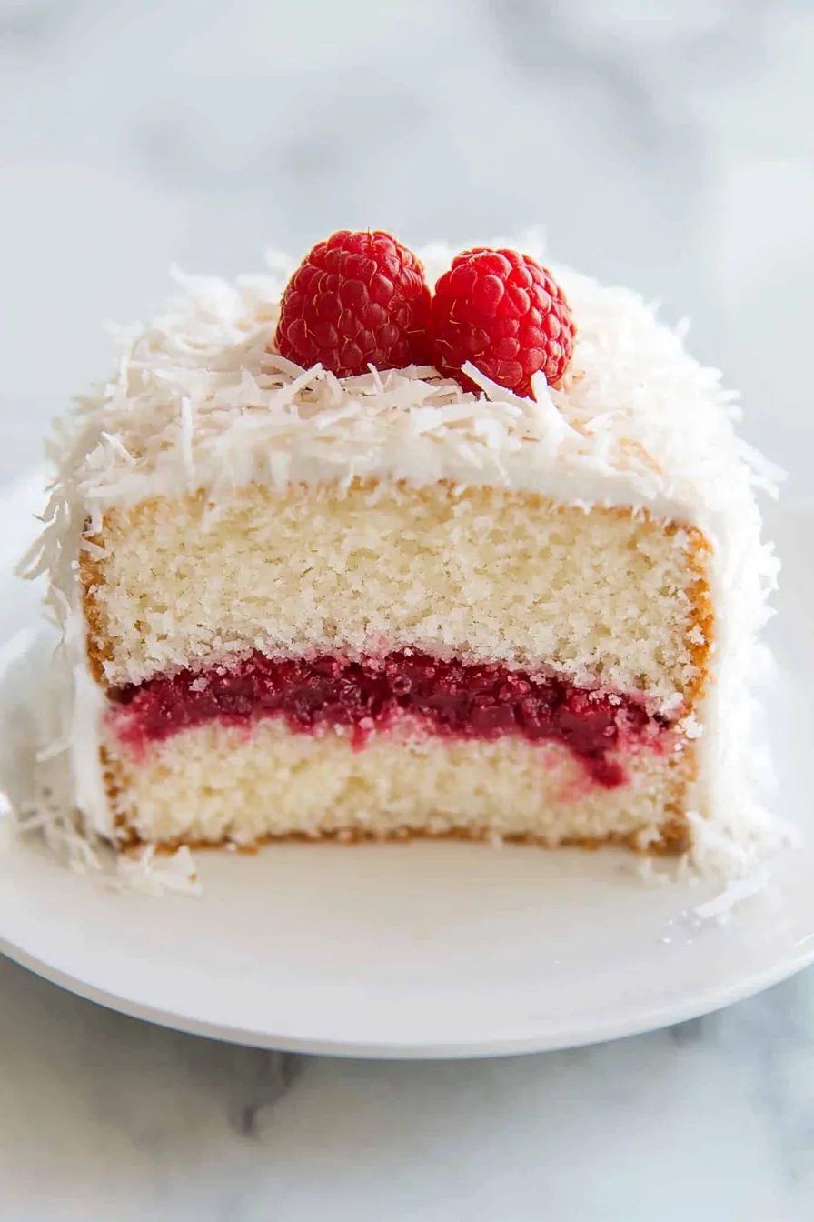 A close-up slice showing the raspberry filling inside a coconut cake.