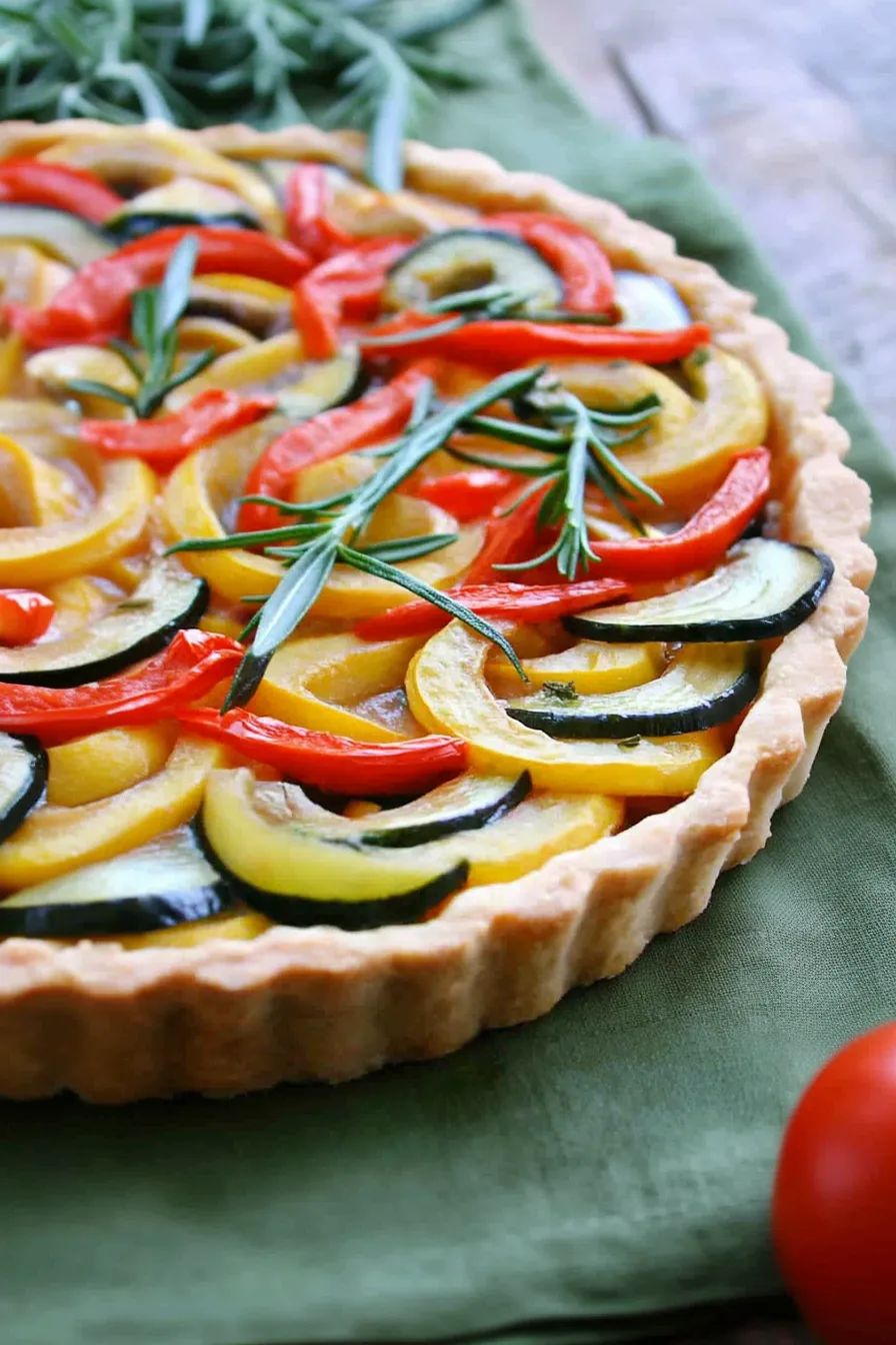 Rustic tart with spiral vegetable design, baked to perfection