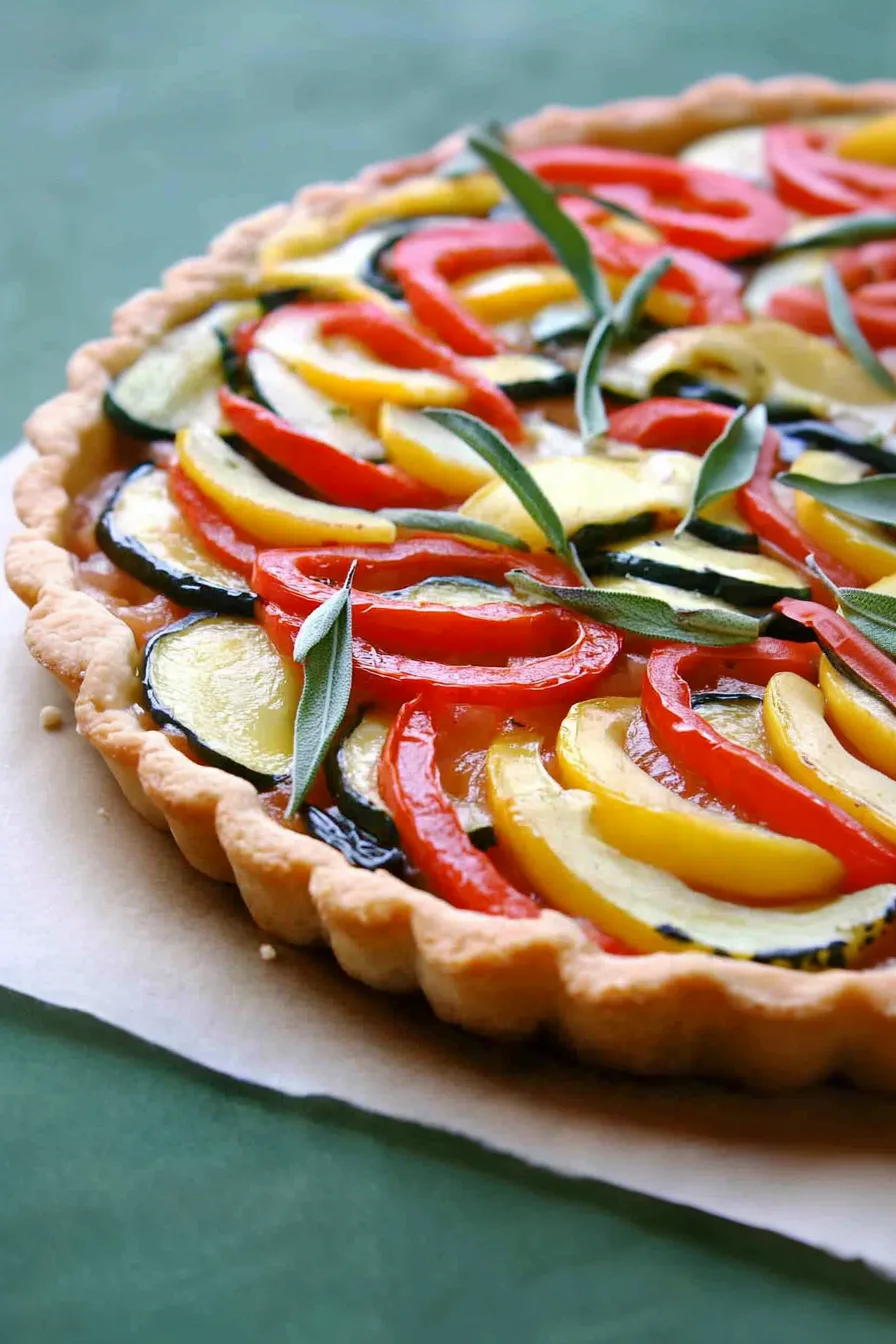 Golden-brown crust filled with layered roasted vegetables