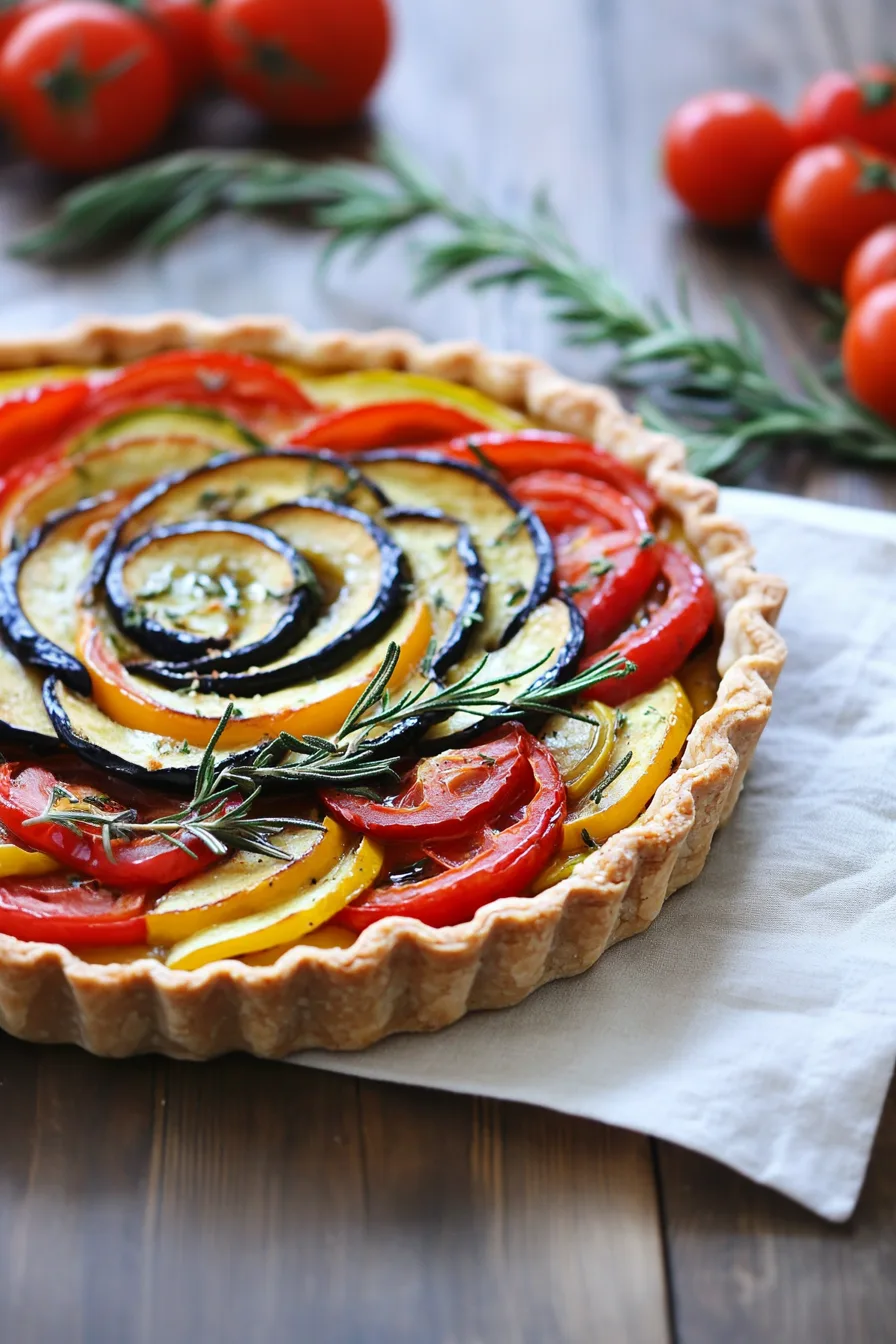 Colorful vegetable tart with neatly arranged slices in a pastry crust