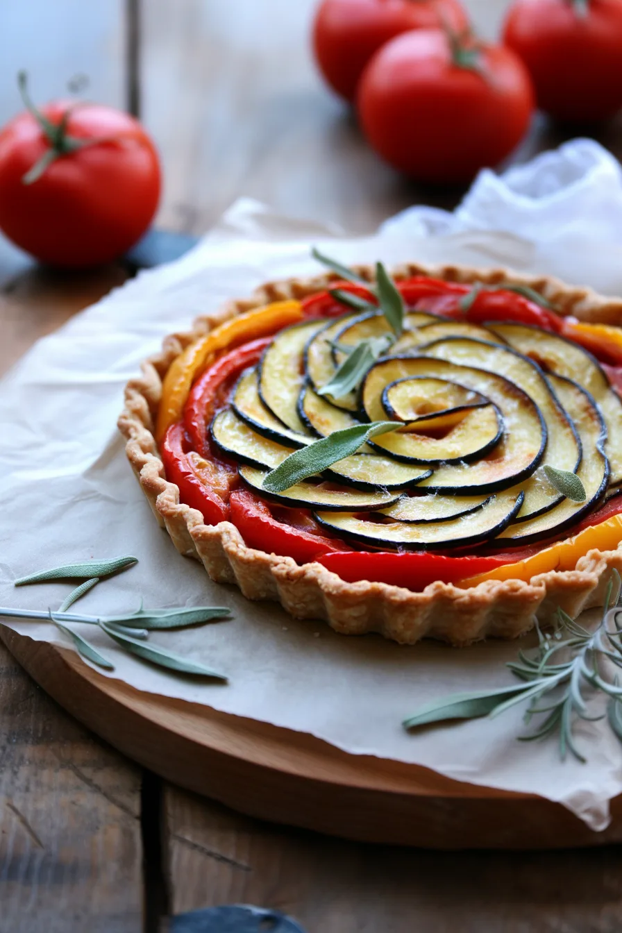 Top view of baked savory tart featuring zucchini, eggplant, and tomatoes