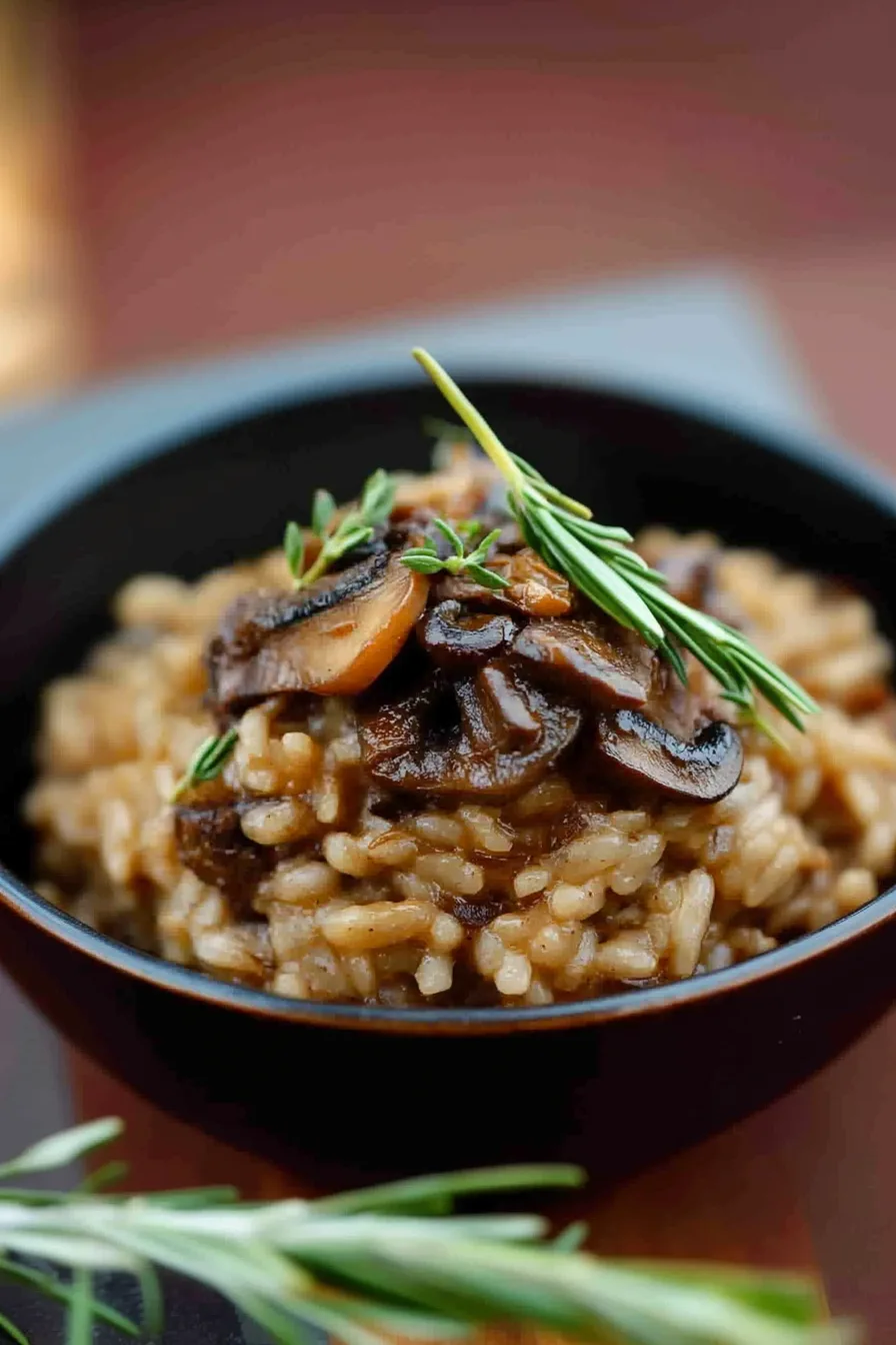 Creamy rice dish plated with sautéed mushrooms and a touch of fresh herbs