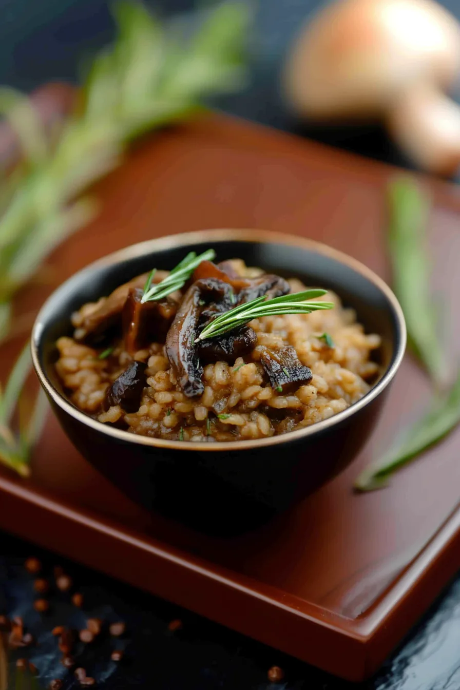 Elegant serving of a creamy rice meal placed on a dark rustic tabletop