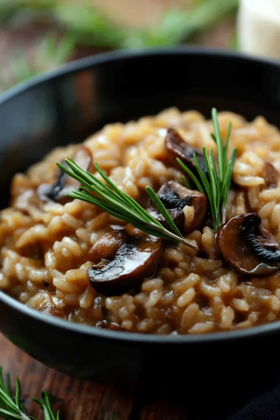 Close-up of a rich, velvety rice plate with visible mushrooms