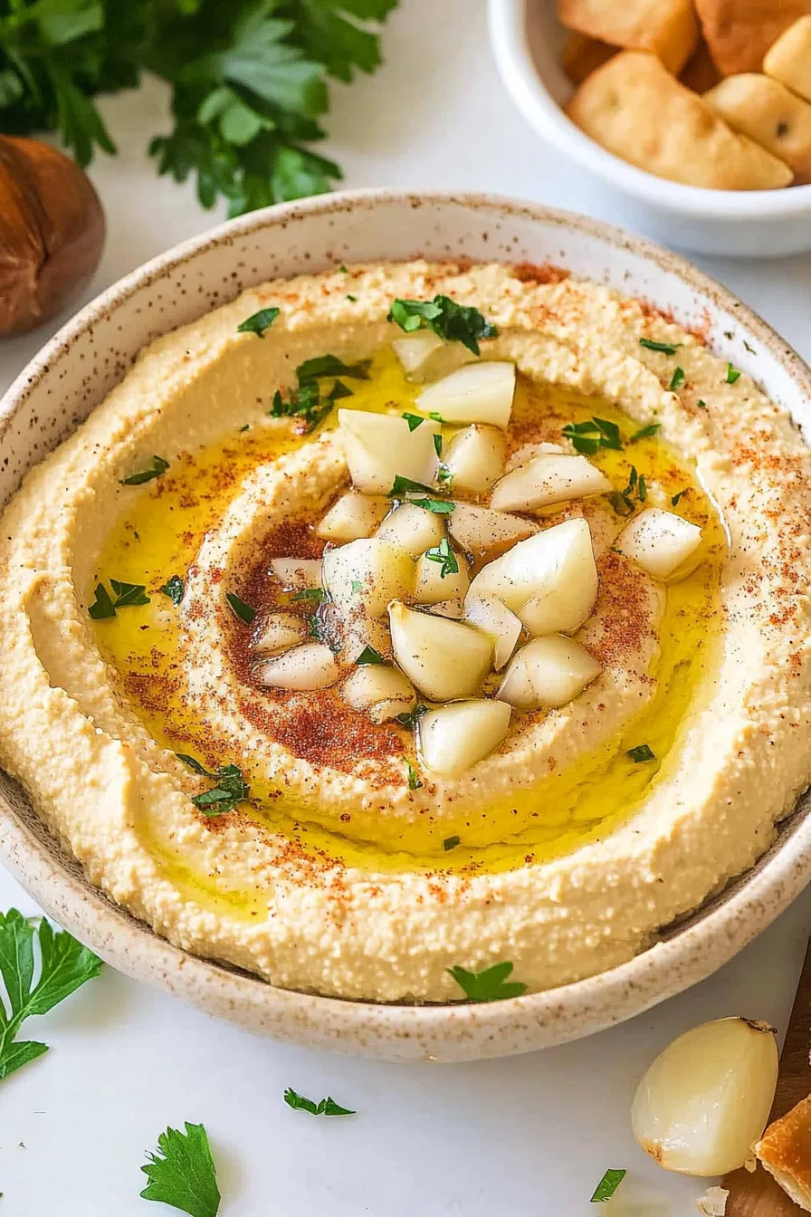 Appetizer spread featuring a small bowl of dip surrounded by garnishes.