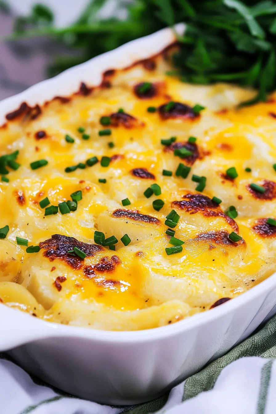 Side view of a cheesy, baked comfort dish garnished with herbs.