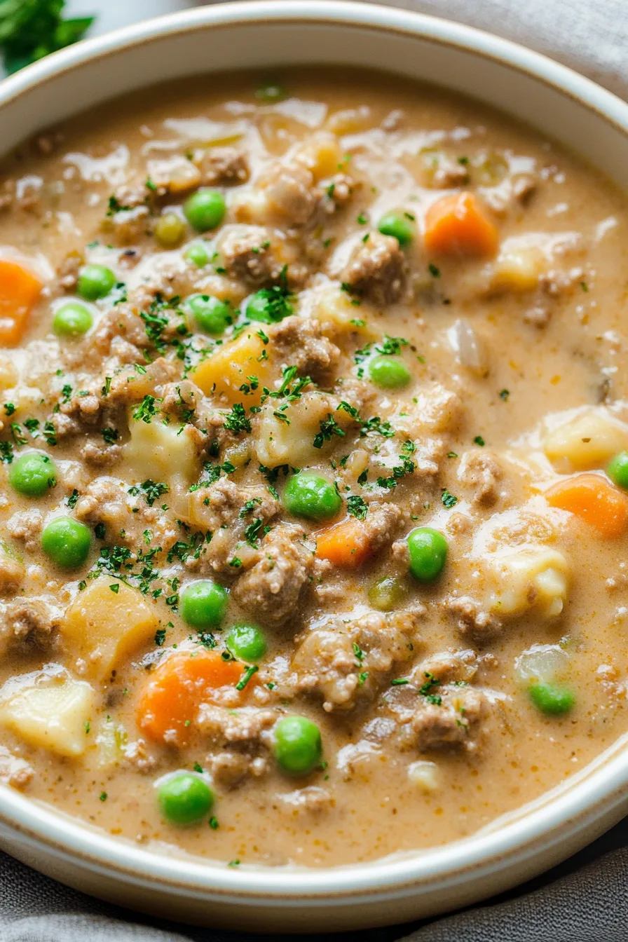 Close-up of creamy broth with diced carrots and potatoes