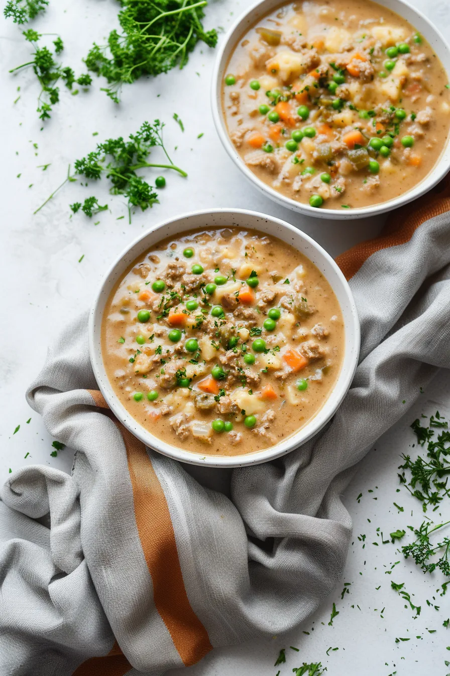 Bowl of hearty soup with vegetables and meat