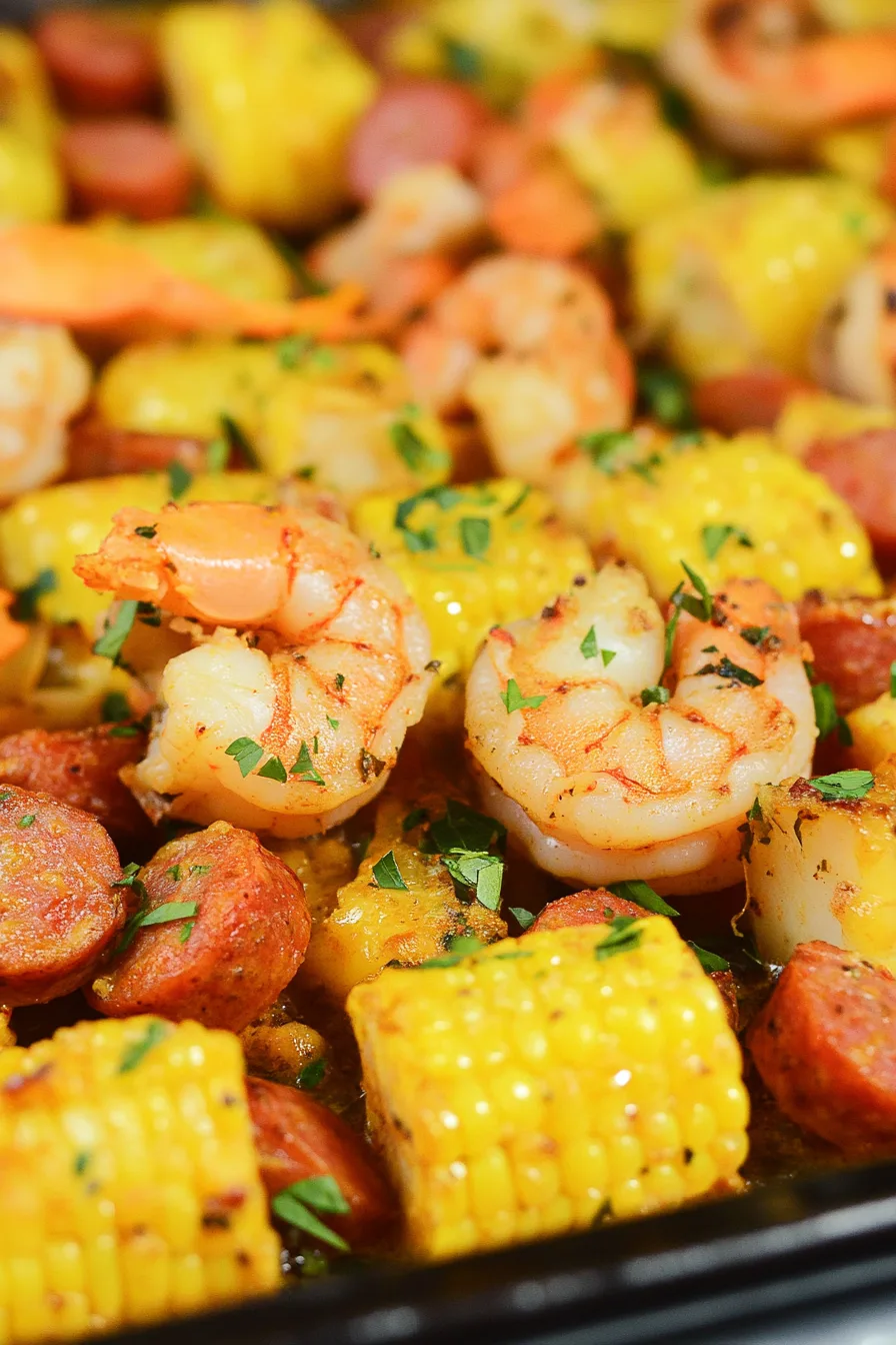 Close-up of juicy shrimp paired with sausage slices and peppers.