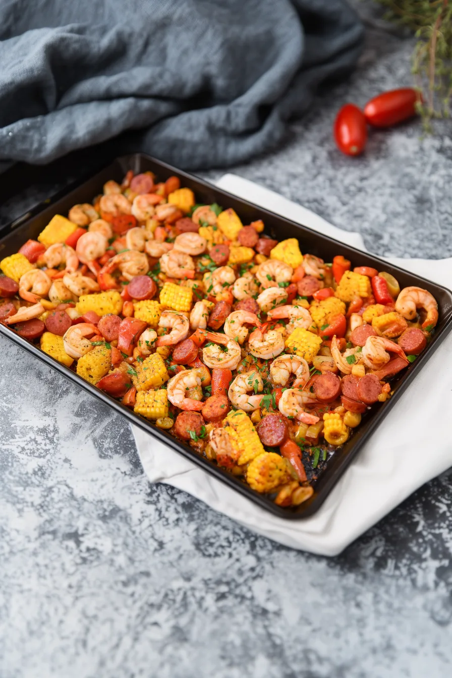 Oven-baked dinner with golden potatoes, onions, and herbs.