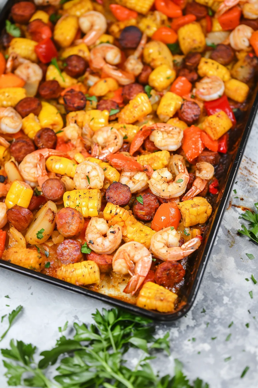 Colorful roasted vegetables spread across a sheet pan.