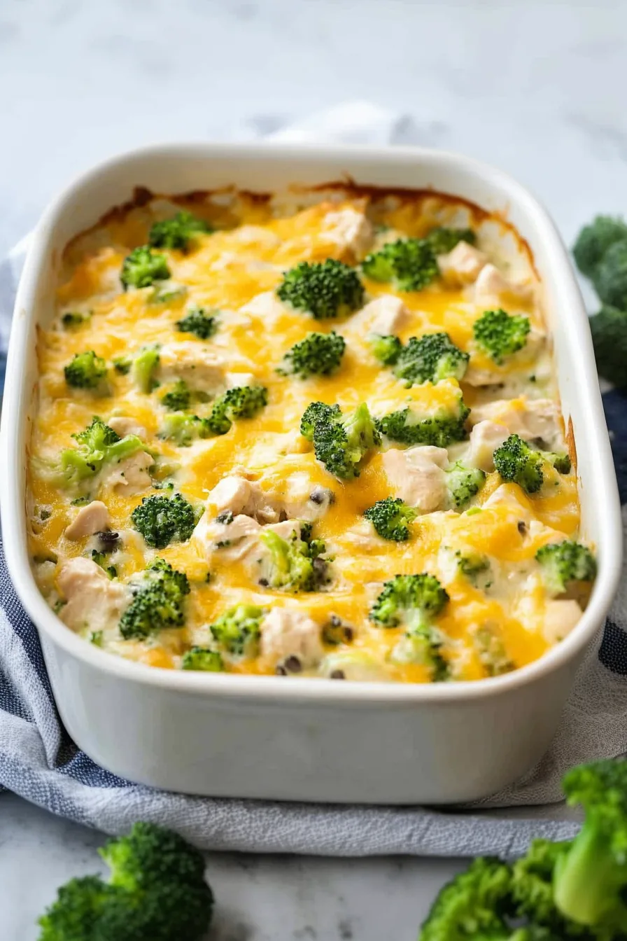 Skinny chicken and broccoli casserole in a glass baking dish, fresh from the oven