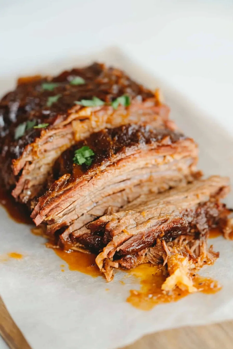 Close-up of juicy brisket showing its rich, smoky texture