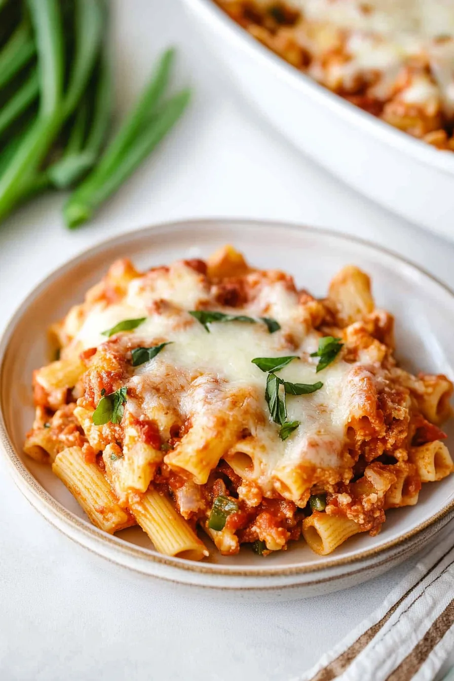 Freshly served portion of pasta on a plate with parsley garnish.