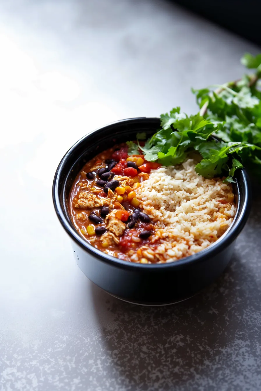 Overhead view of a hearty Mexican-inspired dinner served in a bowl.