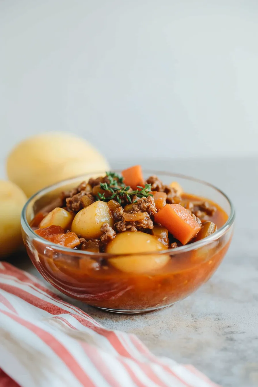 Bowl filled with a hearty mix of vegetables and tender chunks of meat.