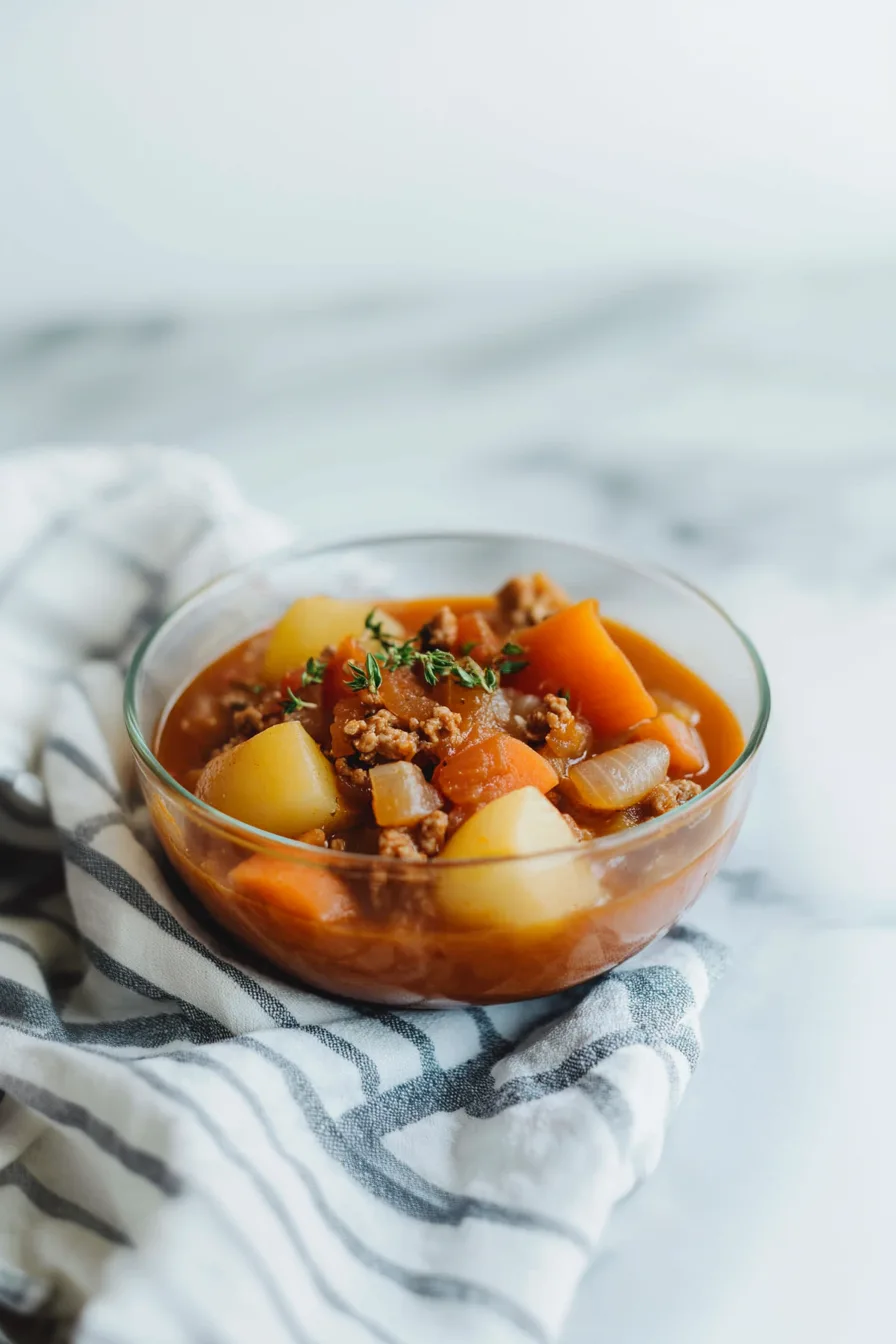 Steaming savory stew with visible carrots, potatoes, and beef pieces.