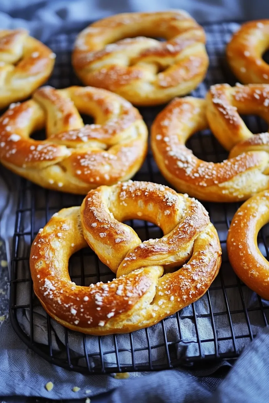 Pile of warm, chewy baked goods with coarse salt on top