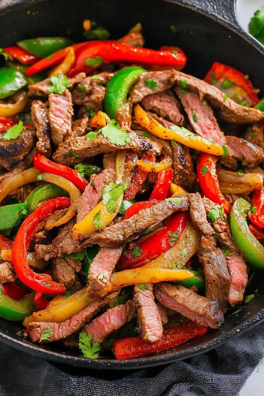 Sizzling strips of beef with colorful bell peppers in a skillet
