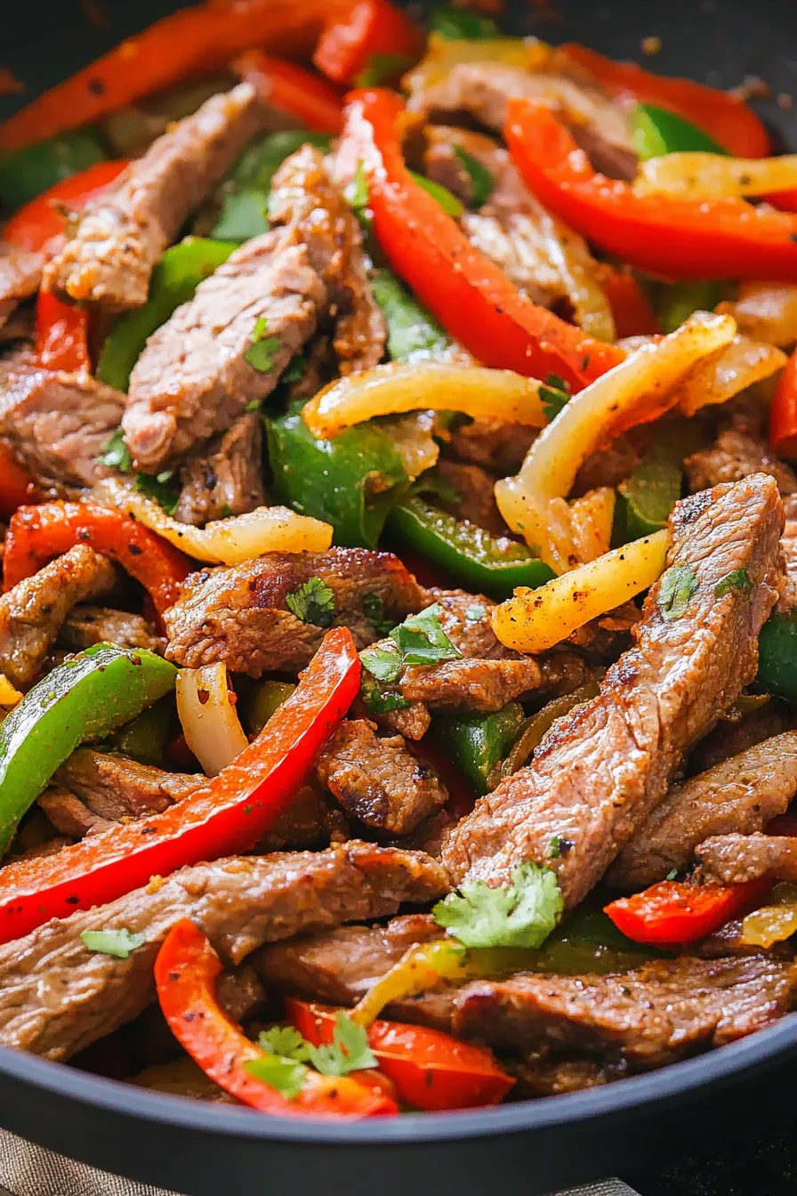 Close-up of tender steak pieces mixed with onions and peppers