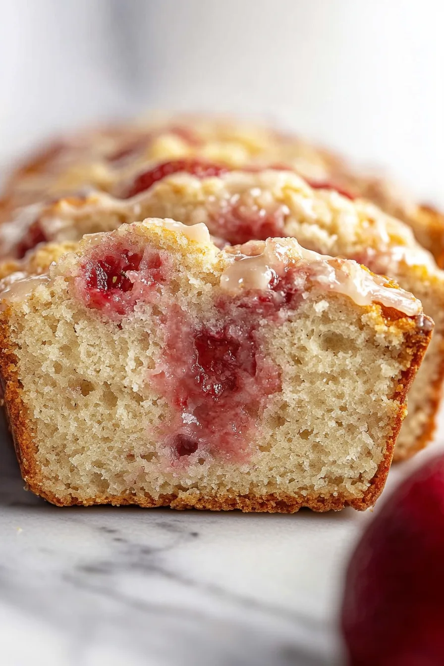Freshly baked loaf with strawberries on top, sliced and ready to serve