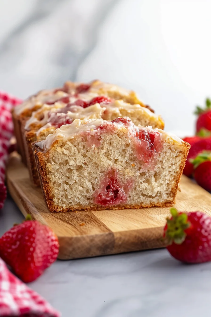 Thick slices of sweet bread with strawberries scattered around