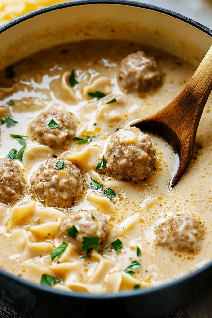 Ladle lifting meatballs and noodles from a hearty, steaming soup pot.