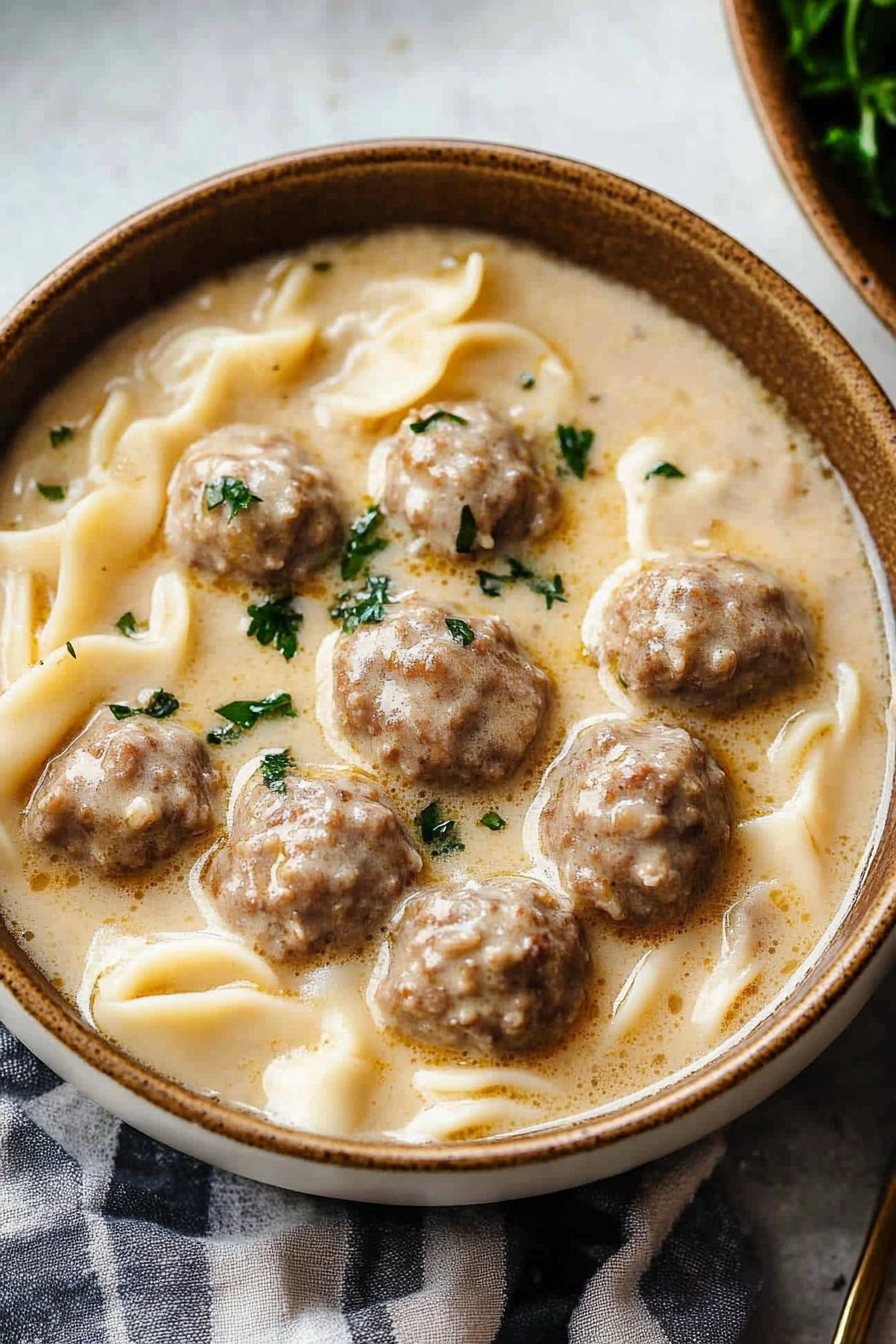 Overhead shot of a rustic soup bowl filled with vegetables, noodles, and meatballs.