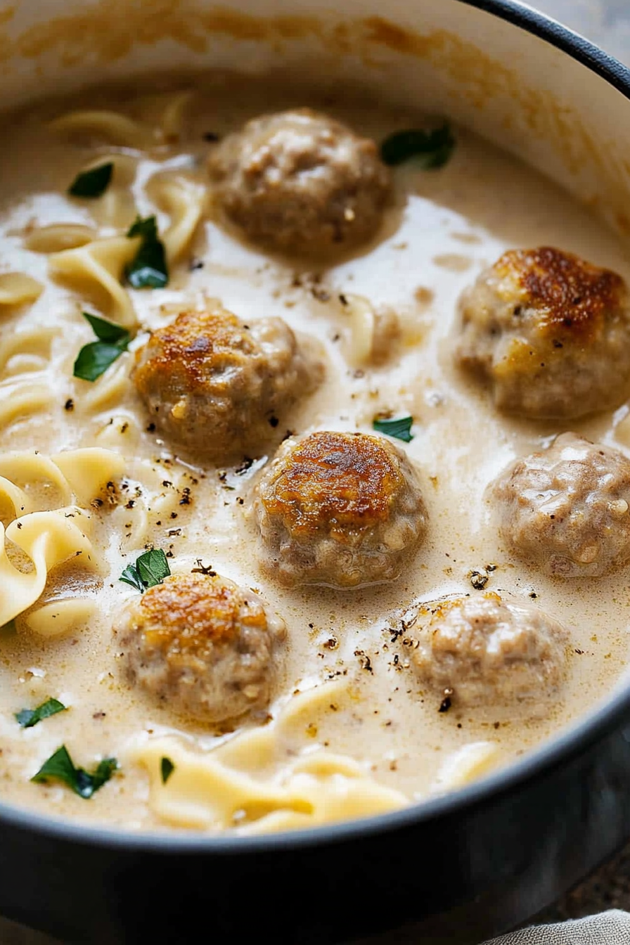 Close-up of juicy meatballs simmering in a light, creamy soup base.