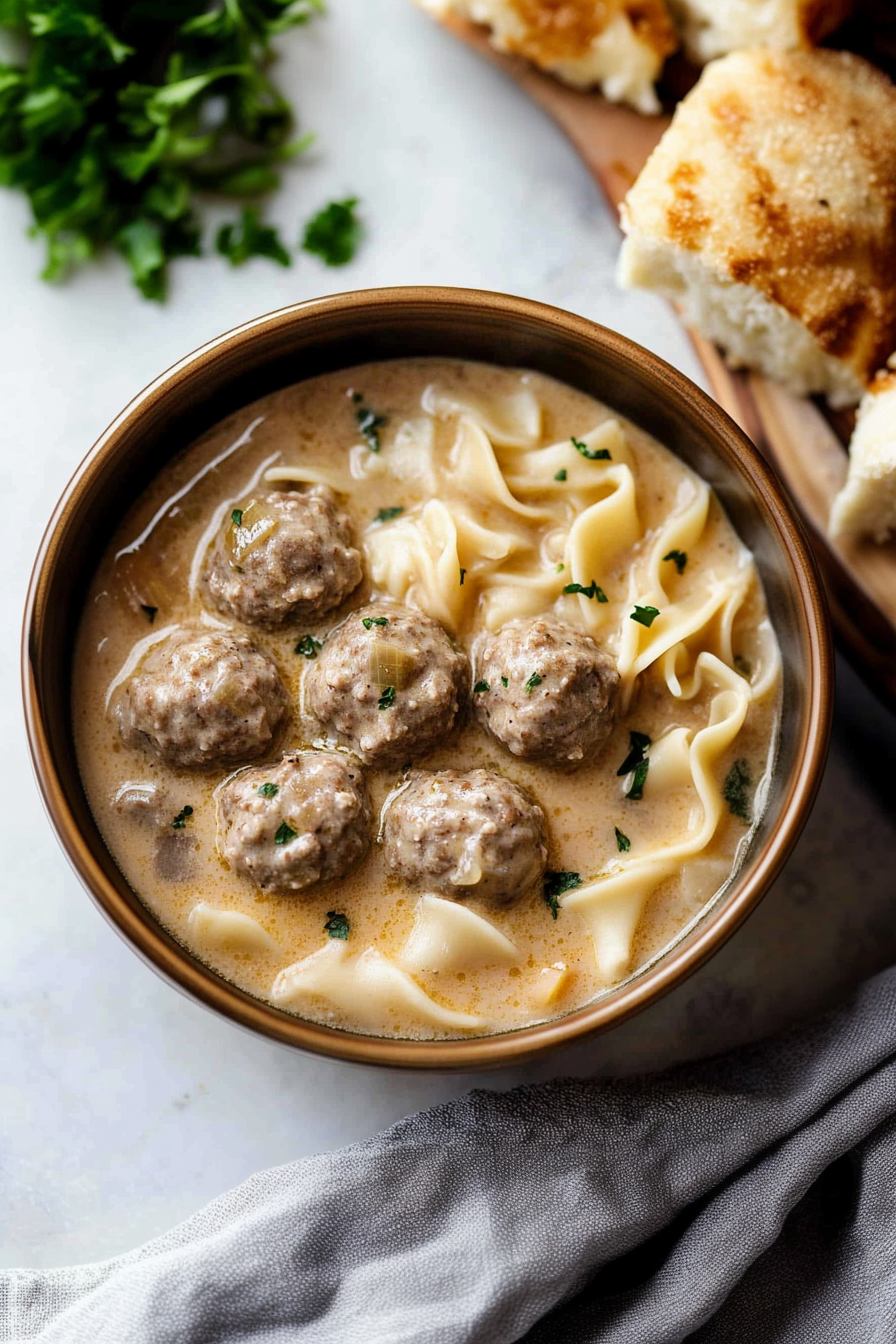 Bowl of creamy broth with tender meatballs, carrots, and fresh dill garnish.