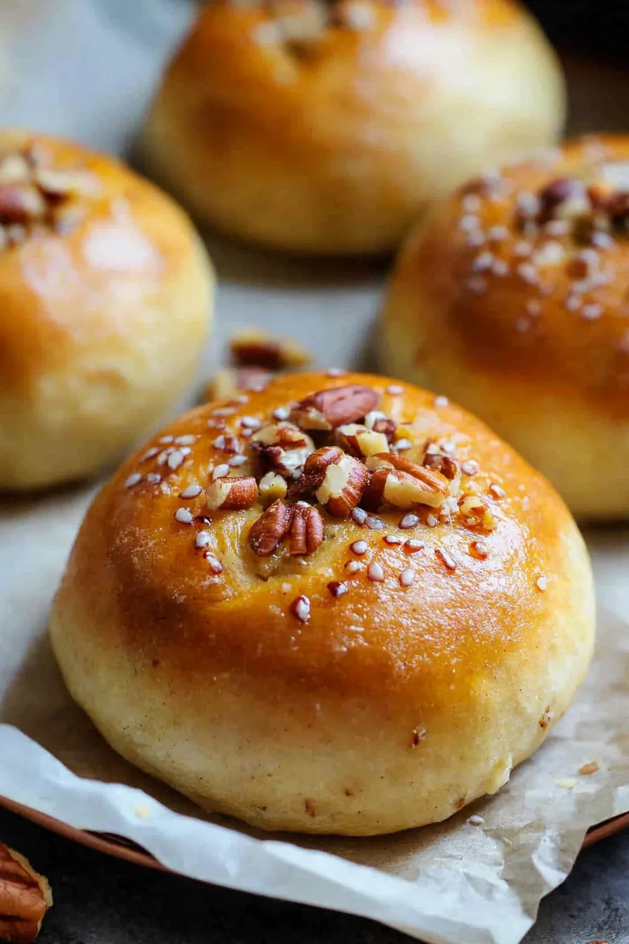 Close-up of fluffy baked rolls with a slightly glazed surface.