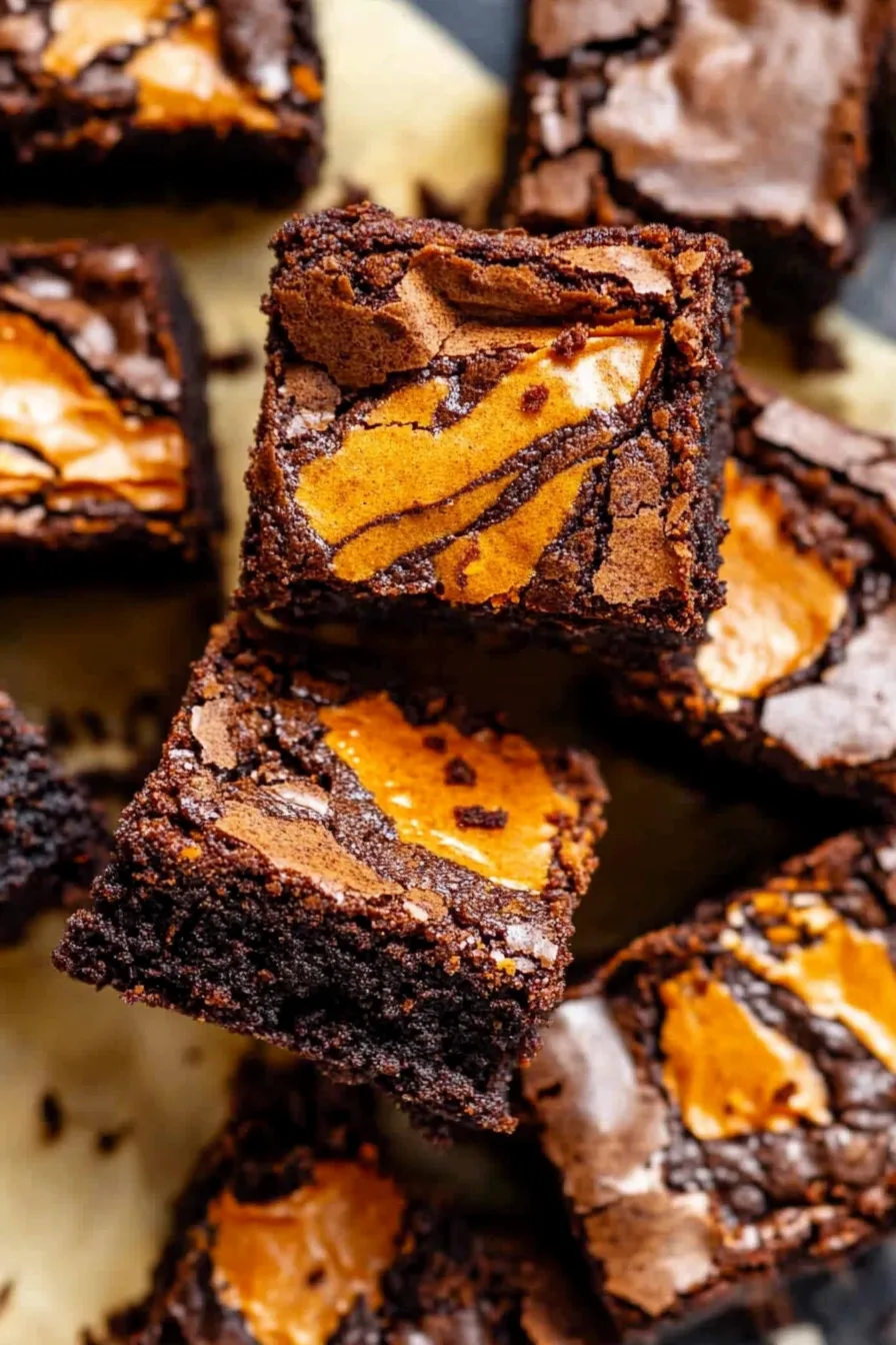 Close-up of a brownie square showing the marbled pumpkin design