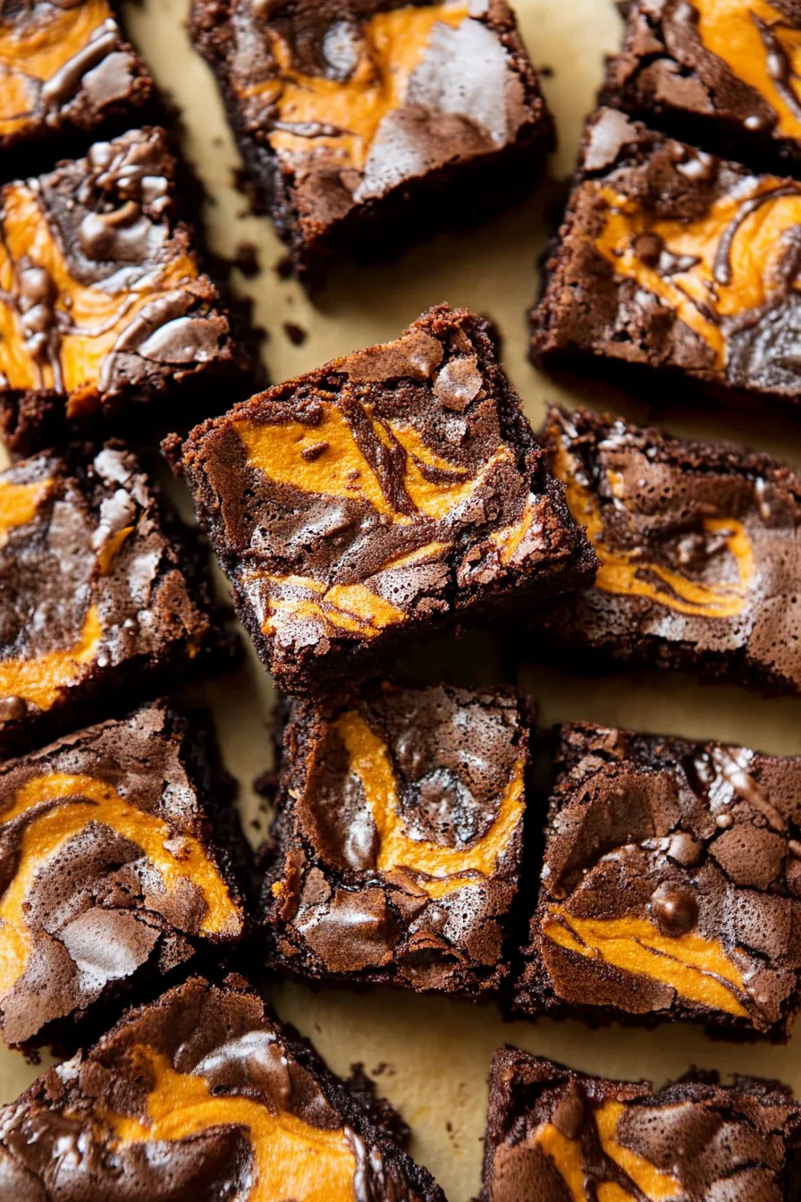 Swirled pumpkin brownies arranged neatly on a wooden board