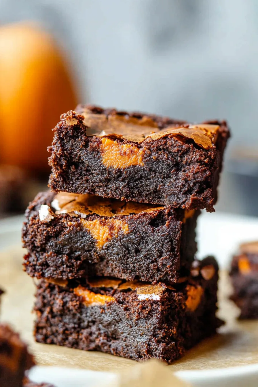 Stacked brownie bars on a serving plate, ready to enjoy