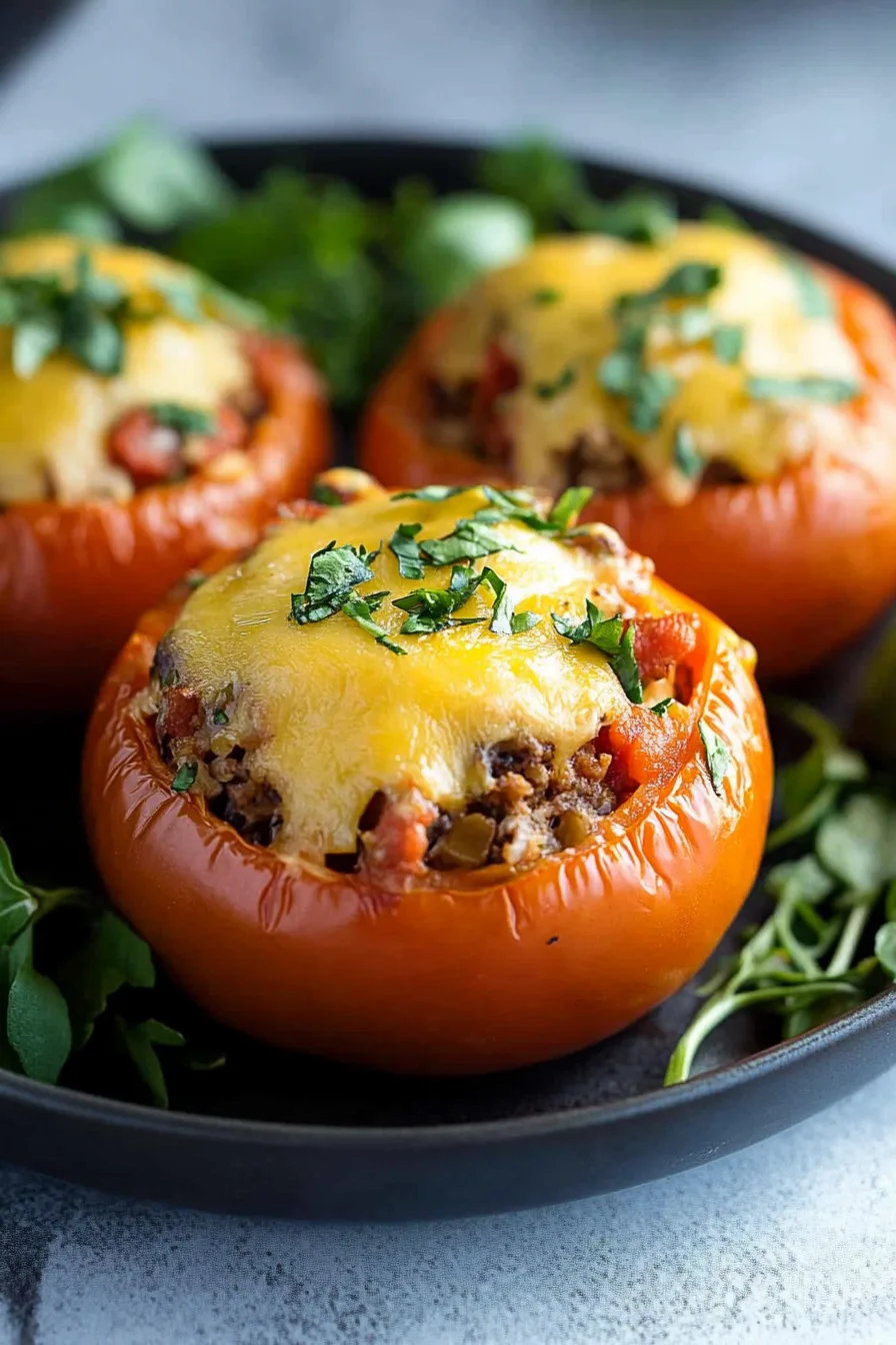 Close-up of stuffed tomato topped with sour cream and herbs